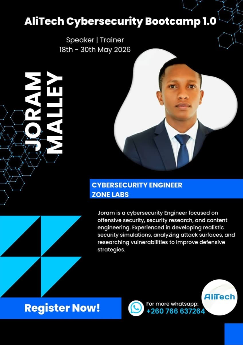 AliTech Cybersecurity Bootcamp 1.0 poster for trainer Joram Malley, Cybersecurity Engineer